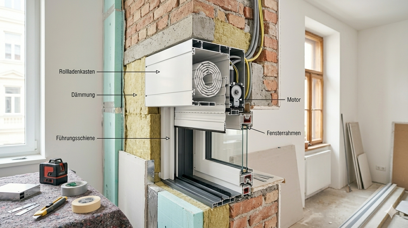 Einbau des Rolladen-Kastens mit sichtbaren Führungsschienen und Dämmung